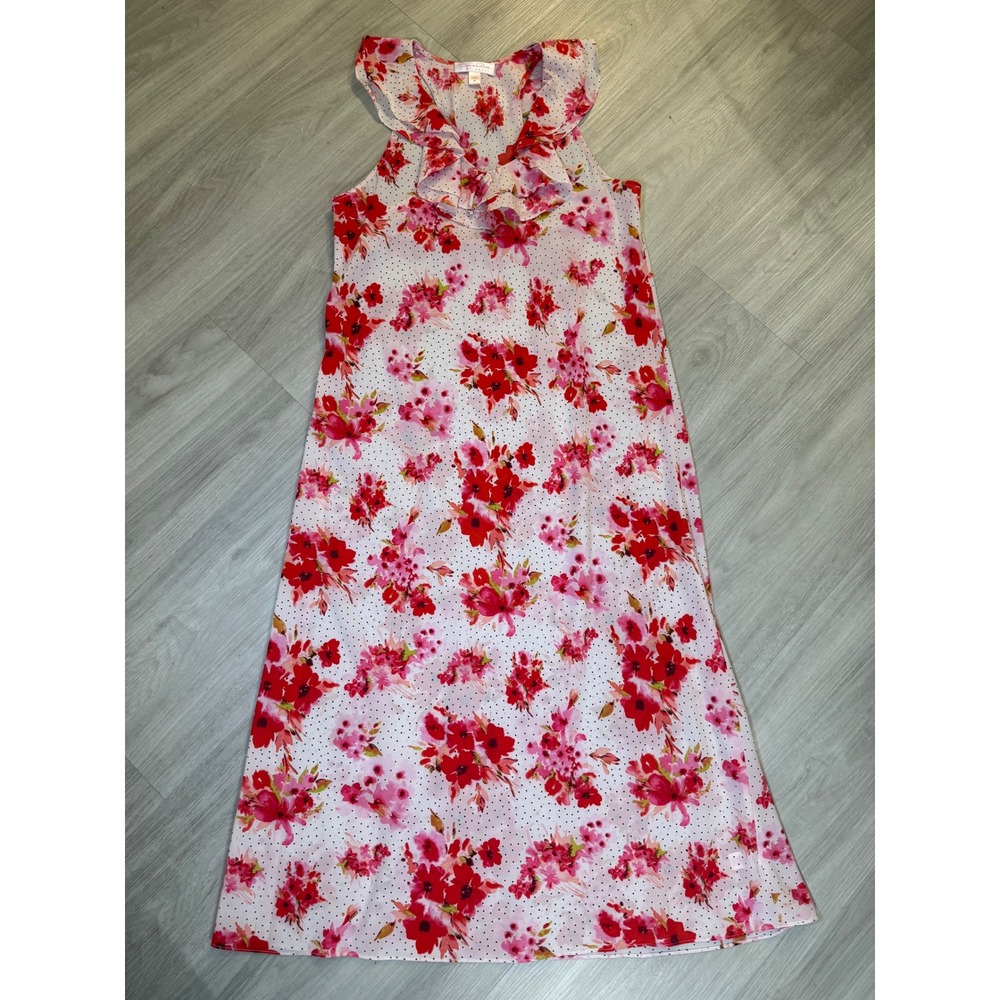 Oscar de la Renta Pink Label Floral Polka Dot Ruffle Maxi Nightgown Red Pink M